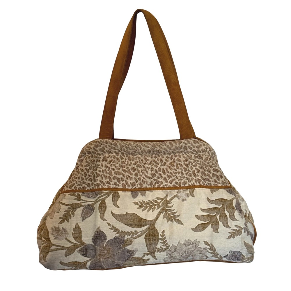 Atenti USA Made Tapestry Tote Bag Floral Animal Print Brown Tan Faux Suede Trim - Picture 2 of 16